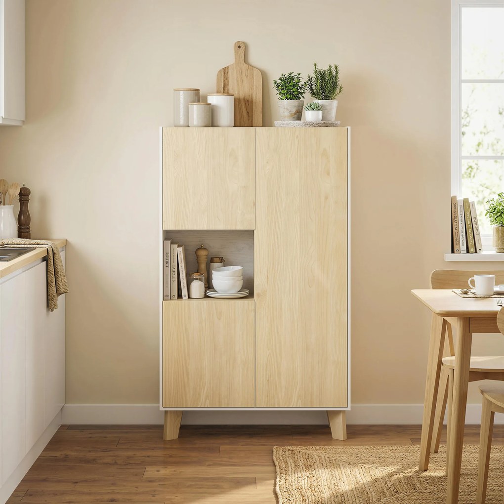 HOMCOM Bufet pentru living, mobilier de depozitare cu 6 compartimente și uși cu închidere amortizată, 80x40x135cm, alb și lemn natural | Aosom Romania