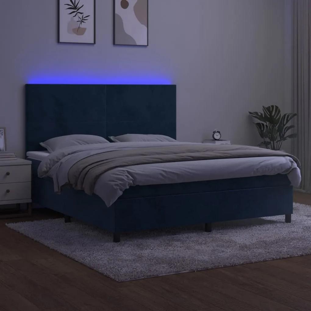 Pat cu arcuri, saltea si LED, bleumarin, 180x200 cm, catifea Albastru inchis, 180 x 200 cm, Design simplu