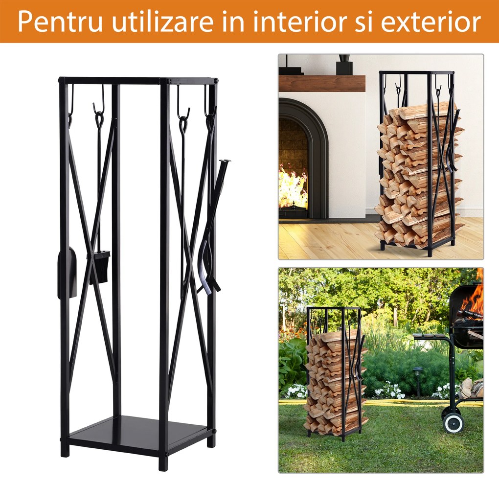 Suport lemne de Interior si Exterior cu economisire de spatiu din Metal cu Paleta, Matura, Vatrai si Cleste 34x34x111cm Negru Outsunny | Aosom Romania