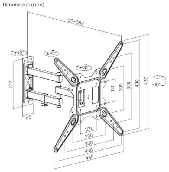 Suport de perete extensibil și reglabil TV Brateck LPA68-443, negru