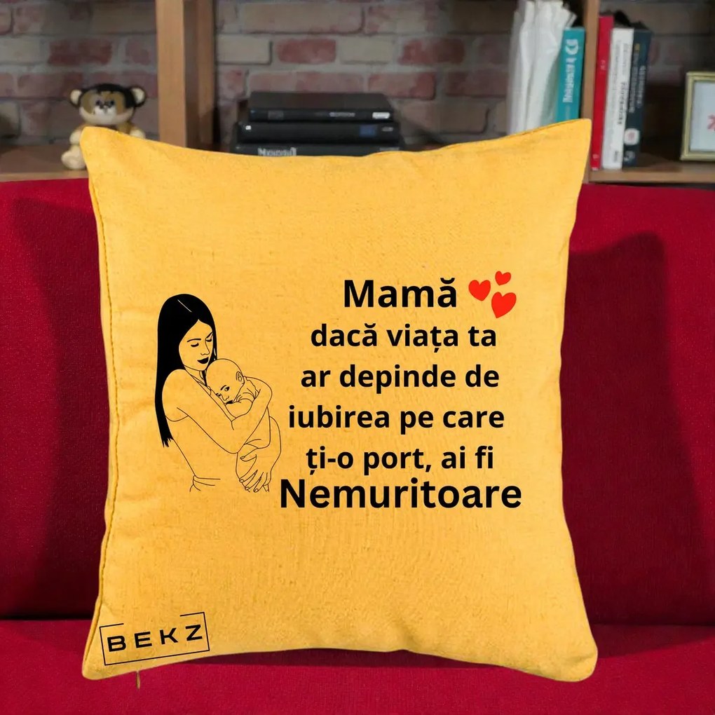 Cadou pentru Mama - Perna Personalizata Mama Nemuritoare Linie, 40x40 cm, Galben, Husa Detasabila, Perna Inclusa, BEKZ®