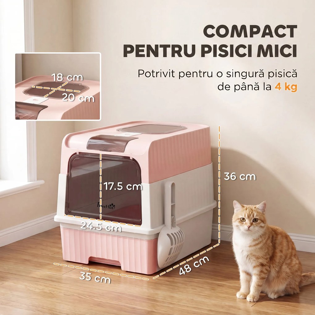 PawHut Litieră pentru Pisici cu Capac, Tavă Detașabilă, Anti Miros, 48x35x36 cm, Roz | Aosom Romania