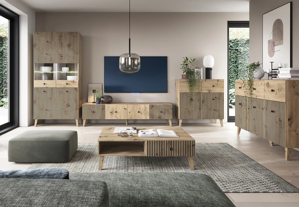 Mazzoni Vitrină BERLINI 4D Stejar Artisan/negru - DULAP CU 2 UȘI CU FRONT NERVURAT