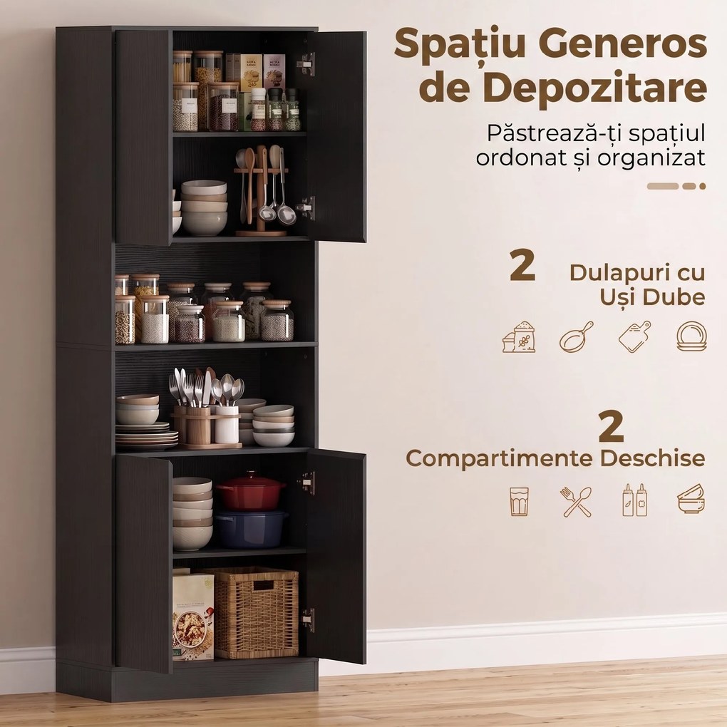 HOMCOM Cămară de bucătărie 170 cm, dulap cu raft reglabil, negru aspect lemn | Aosom Romania