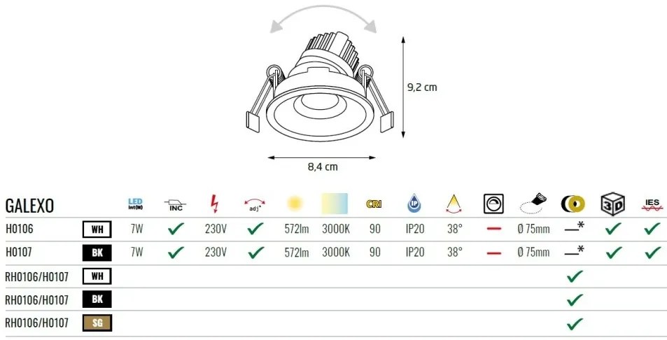 Spot LED incastrabil GALEXO H0106 alb cu inel negru