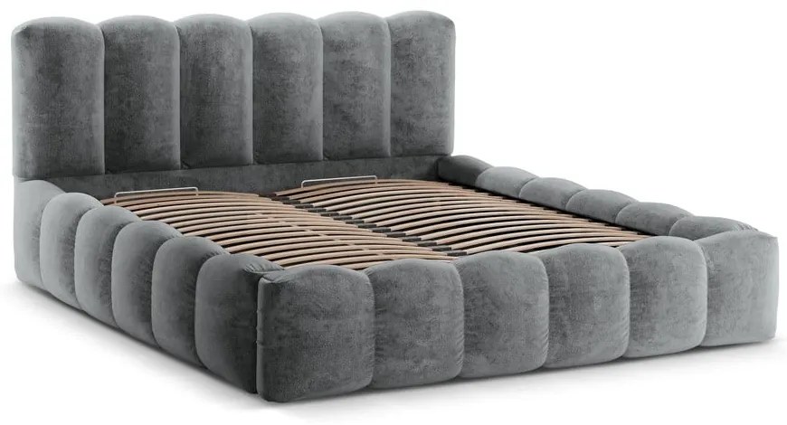 Pat matrimonial gri tapițat cu spațiu de depozitare cu somieră 200x200 cm Lupine – Micadoni Home