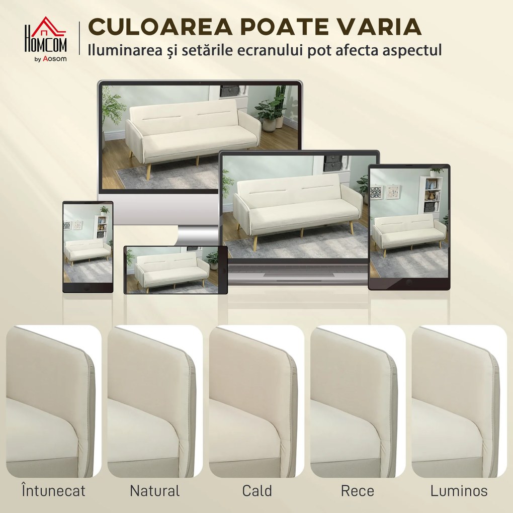 HOMCOM Canapea Extensibilă 3 Locuri Convertibilă cu Cotiere din PU, Colțar Reclinabil Clic Clac în Catifea cu Picioare Metalice și Cadru din Lemn, pentru Living sau Dormitor, 185x84x83 cm, Bej | Aosom Romania