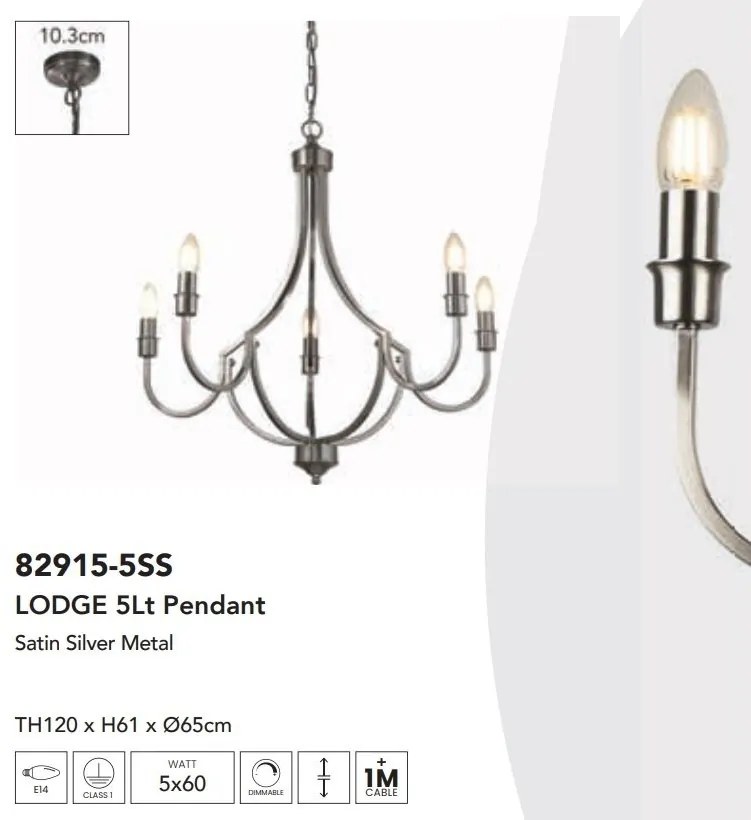 Candelabru cu 5 brate design vintage Lodge argintiu satinat
