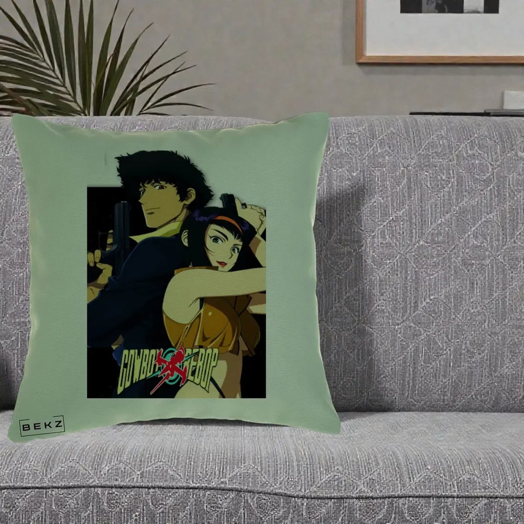 Perna Personalizata Cowboy Bebop Spike si Faye Poster, 40x40 cm, Verde, Husa Detasabila, Perna Inclusa, BEKZ®