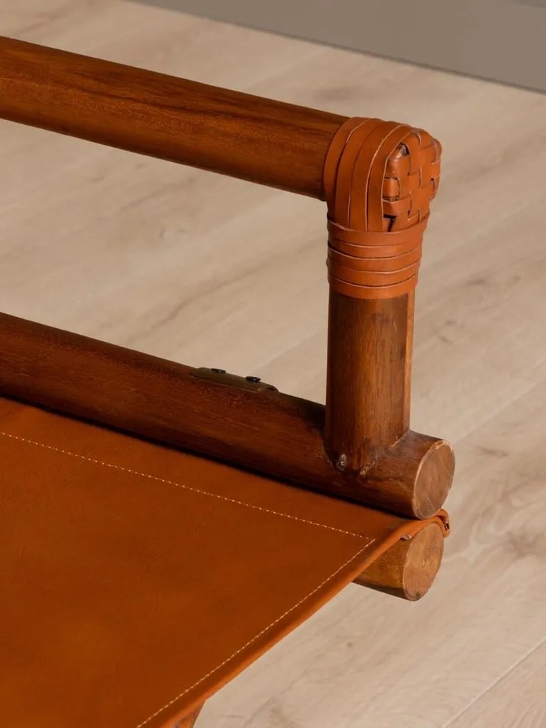 Scaun de dining pliabil din piele camel și lemn de tec cu finisaj natural, 92×58×46 cm, înălțime șezut 52 cm, „Explorer"