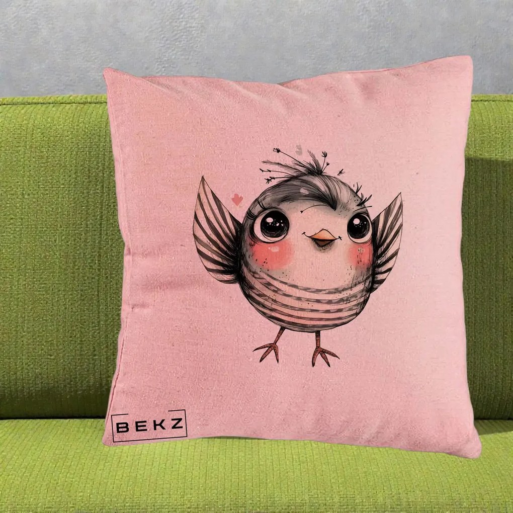 Perna Decorativa Pasare Gri cu Aripi si Inimioare, 40x40 cm, Roz, Husa Detasabila, Perna Inclusa, BEKZ®