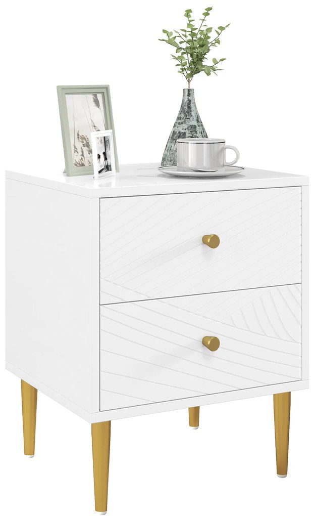 HOMCOM Noptiera masa de noapte cu 2 sertare manere, picioare din otel pentru dormitor living 40 x 35 x 50 cm alb | Aosom Romania