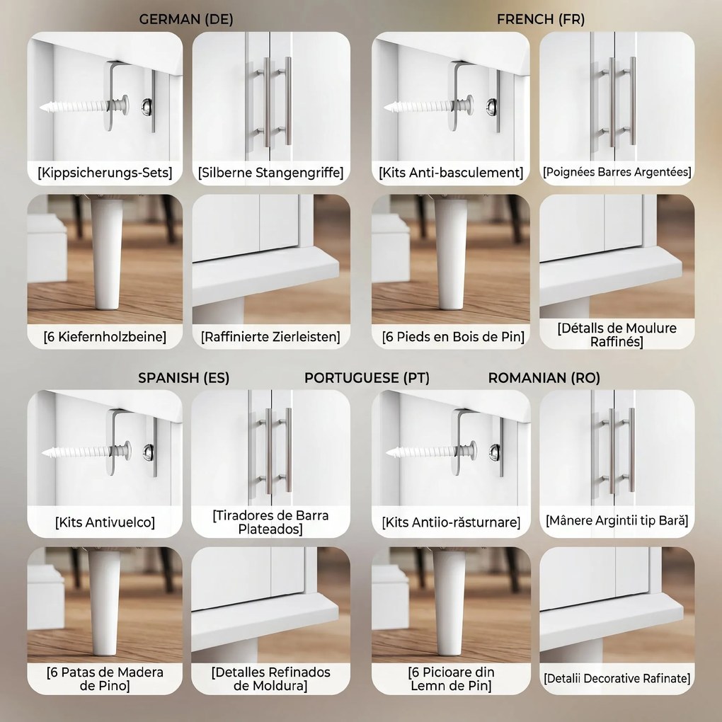 HOMCOM Mobilier de Sufragerie, Credență cu 2 Sertare și 3 Dulapuri cu Rafturi Reglabile, Comodă cu Picioare din Pin pentru Sala de Mese și Bucătărie, 120x38x86 cm, Alb | Aosom Romania