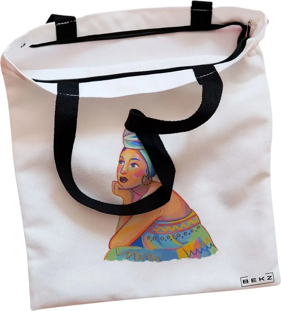 Sacosa de Panza pentru Cumparaturi, Geanta Tote, model Portret Vibrant 2, Cu fermoar, 38x34.5 cm, Alba, BEKZ®