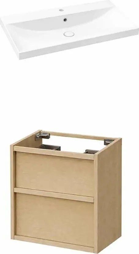 Set dulap baza suspendat KolpaSan Storia 2 sertare 60 cm finisaj acacia cu lavoar ceramic alb