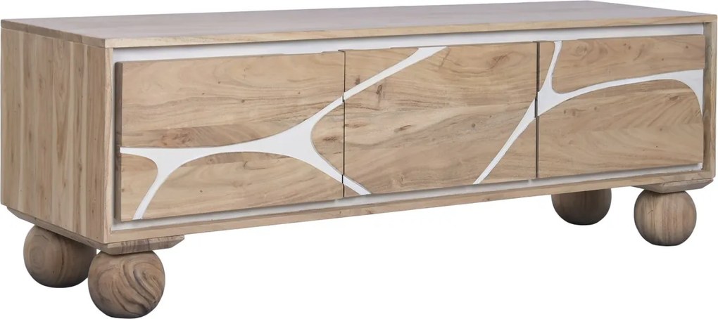 Comodă TV living din lemn de acacia, natur, cu 3 uși, decor alb și picioare sferice, 50 x 145 x 40 cm, „Alvera”