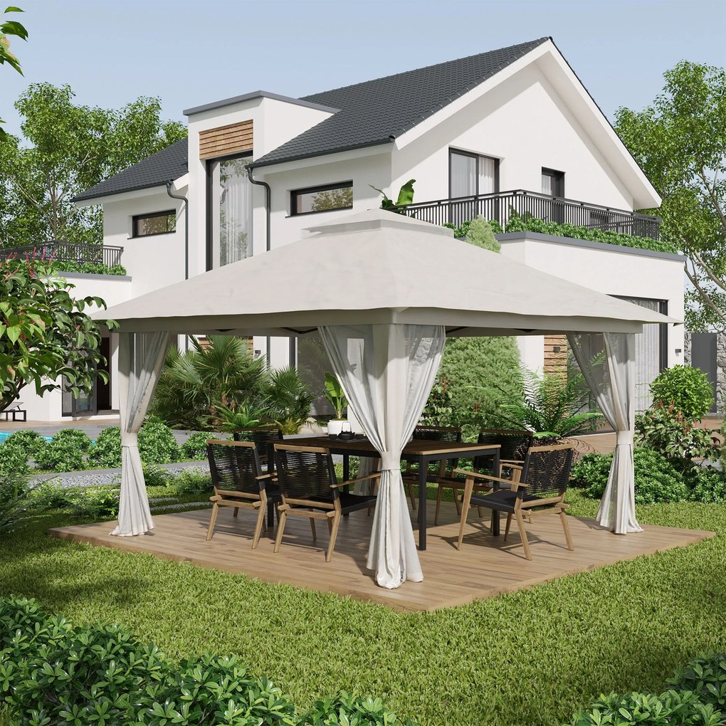 Outsunny Pavilion Pliabil Pop-Up 4x4 m cu Înălțime Reglabilă pe 3 Niveluri, Pavilion Exterior cu Plasă de Țânțari, Saci de Nisip, Geantă de Transport, UV50+, pentru Grădină Camping Petreceri, Crem | Aosom Romania
