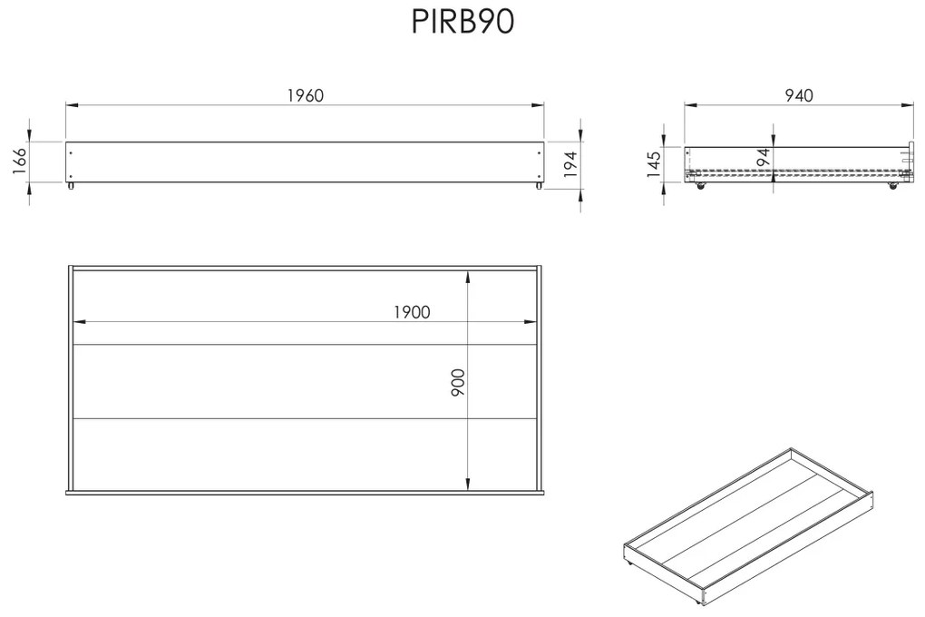 Sertar pentru pat copii SCOTT, alb, 90 x 190 cm, din pin scandinav masiv, utilizabil ca loc de dormit suplimentar sau spațiu de depozitare – Vipack