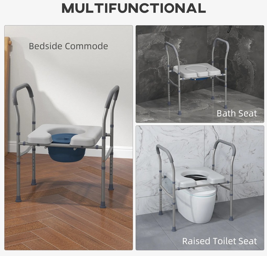 HOMCOM Scaun cu Vas de Toaletă pentru Vârstnici, Scaun de Toaletă Multifuncțional 4-În-1 cu Înălțime Reglabilă, 64x53x70-82 cm, Gri | Aosom Romania