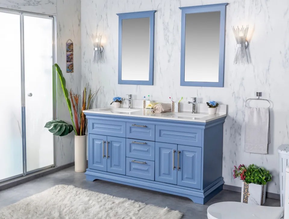 Set Mobilier Baie Huron 60, Include Dulap Baza cu Lavoar Dublu și 2 Oglinzi, 150 cm, Albastru