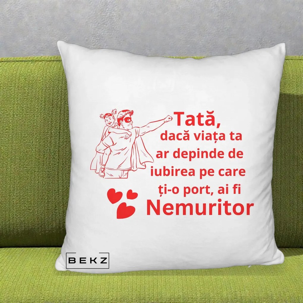 Cadou pentru Tata - Perna Personalizata Tata Nemuritor cu Fetita, 40x40 cm, Alb Pufos, Husa Detasabila, Perna Inclusa, BEKZ®