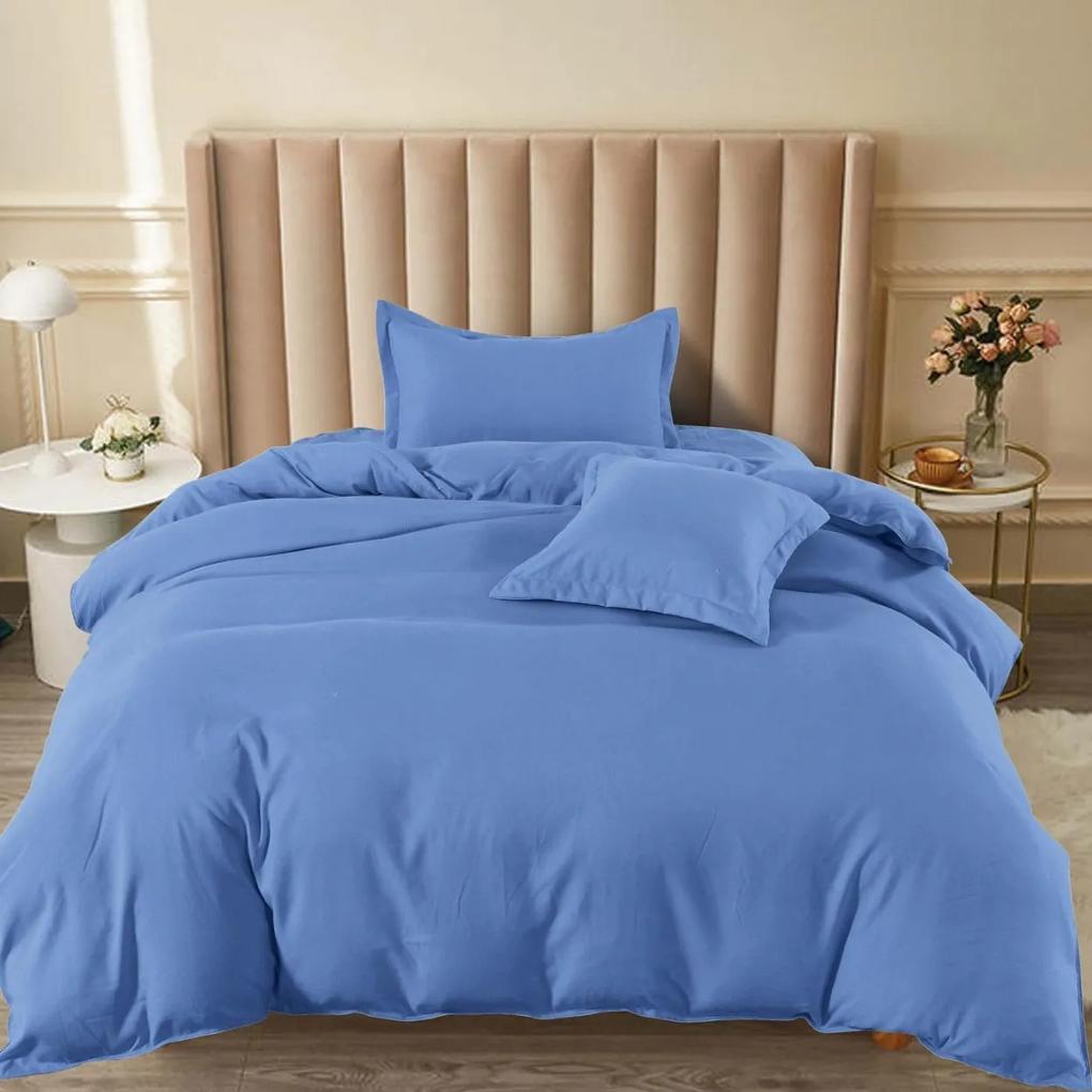 Lenjerie de pat cu elastic, uni, tesatura tip finet, pat 1 persoana, albastru inchis, 4 piese, FJ1-79