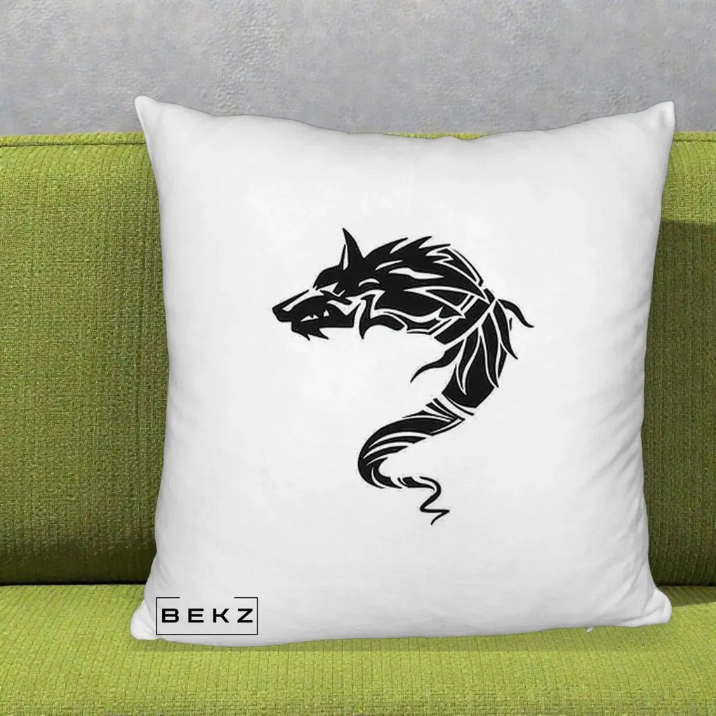 Perna Decorativa Lup Tribal Alb-Negru, 40x40 cm, Alb Pufos, Husa Detasabila, Perna Inclusa, BEKZ®