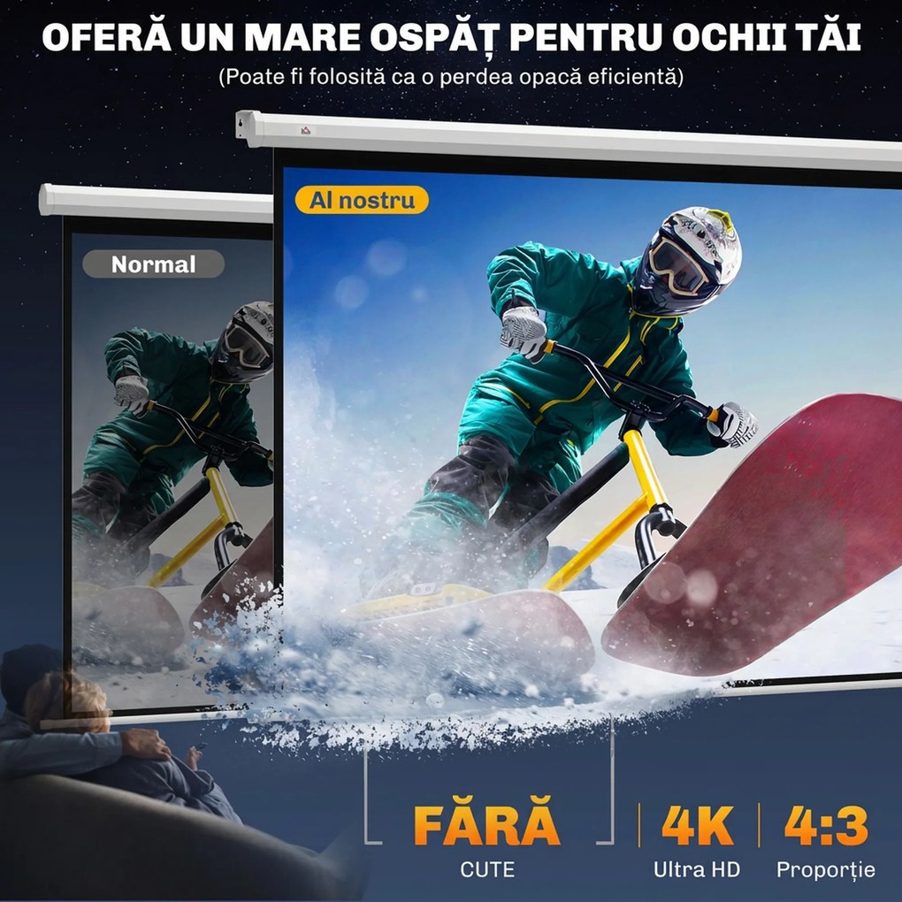 HOMCOM Ecran de Proiecție 84 Inch Format 4:3, Ecran Rulabil cu Unghi de 160° și Montare pe Tavan sau Perete, 181x8x138 cm, Alb | Aosom Romania