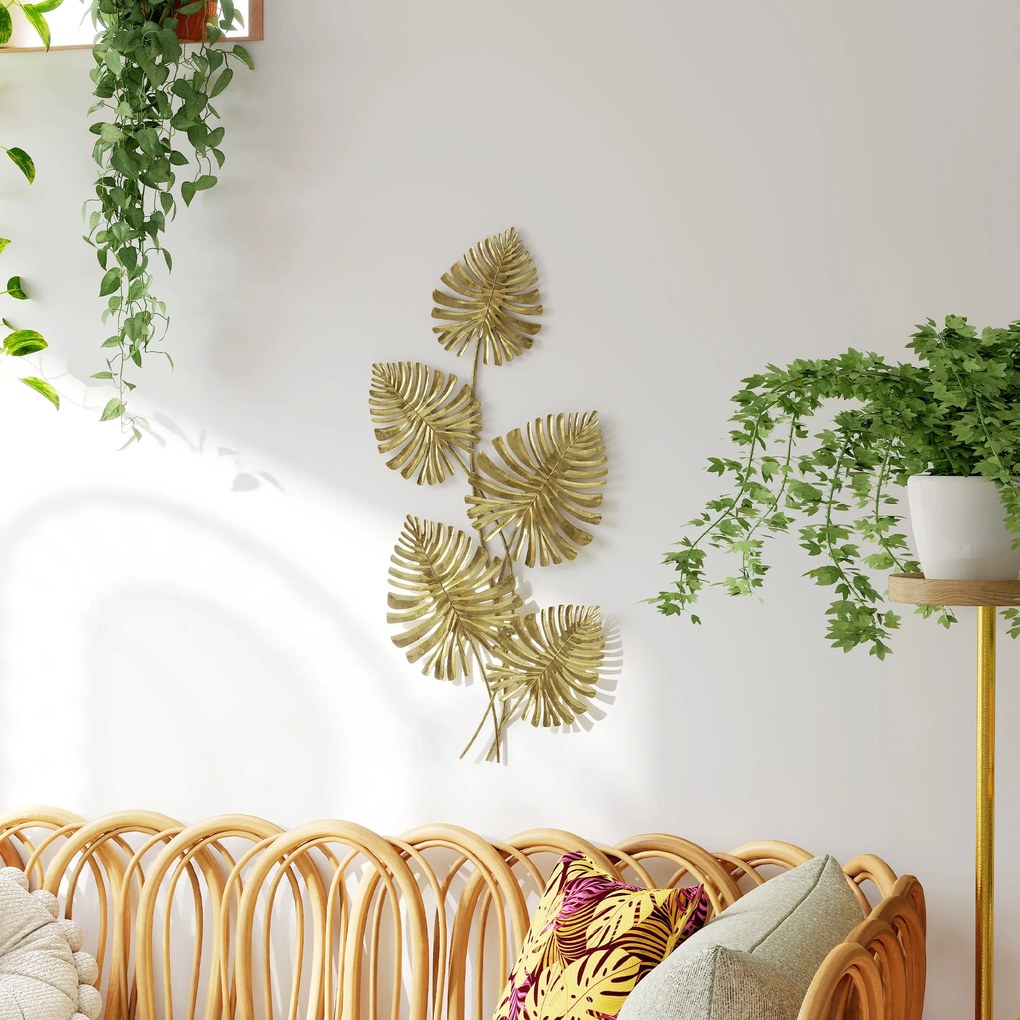 HOMCOM Artă Murală cu 5 Frunze de Monstera și Accesorii pentru Montaj Incluse, Decorațiuni Murale din Metal, 83x2.5x39 cm, culoare Aurie | Aosom Romania