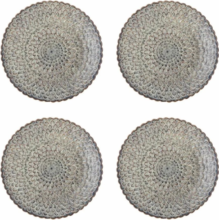 Set 4 farfurii din ceramică, gri, margine ondulată și model marin în relief, glazură reactivă, 3 x 26,5 cm, „Katrina”