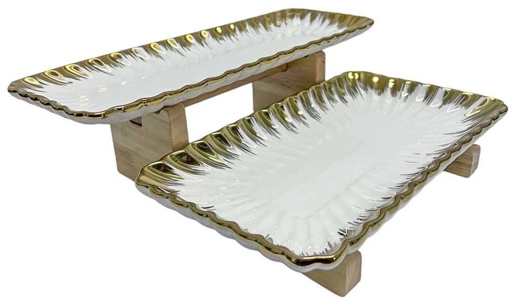 Set 2 platouri Supraetajate Candy Bar, Alb cu Auriu, Portelan cu suport lemn, 32x15 cm