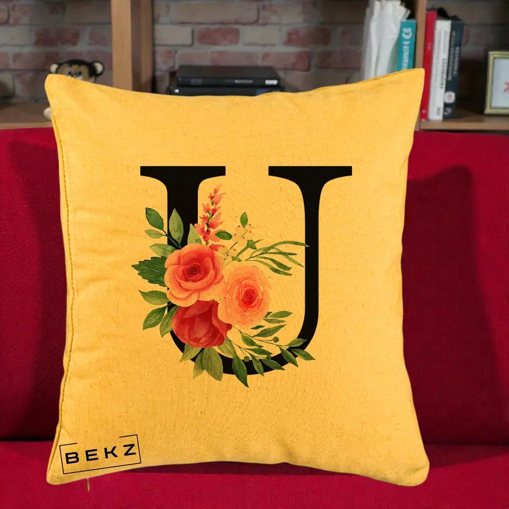 Cadou Personalizat - Perna Personalizata Monograma Florala Litera U, 40x40 cm, Galben, Husa Detasabila, Perna Inclusa, BEKZ®