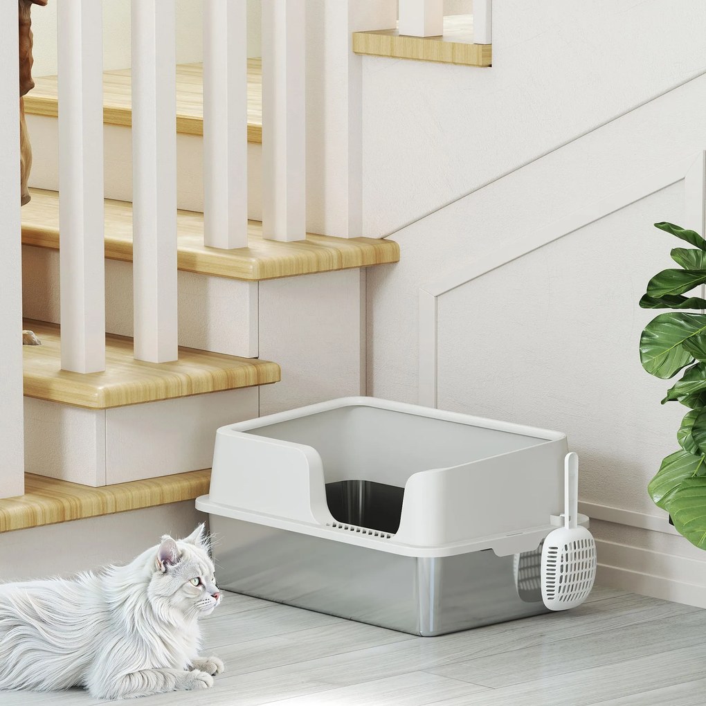 PawHut Litieră Inox, Bord Detasabil, Antimiros | Aosom Romania