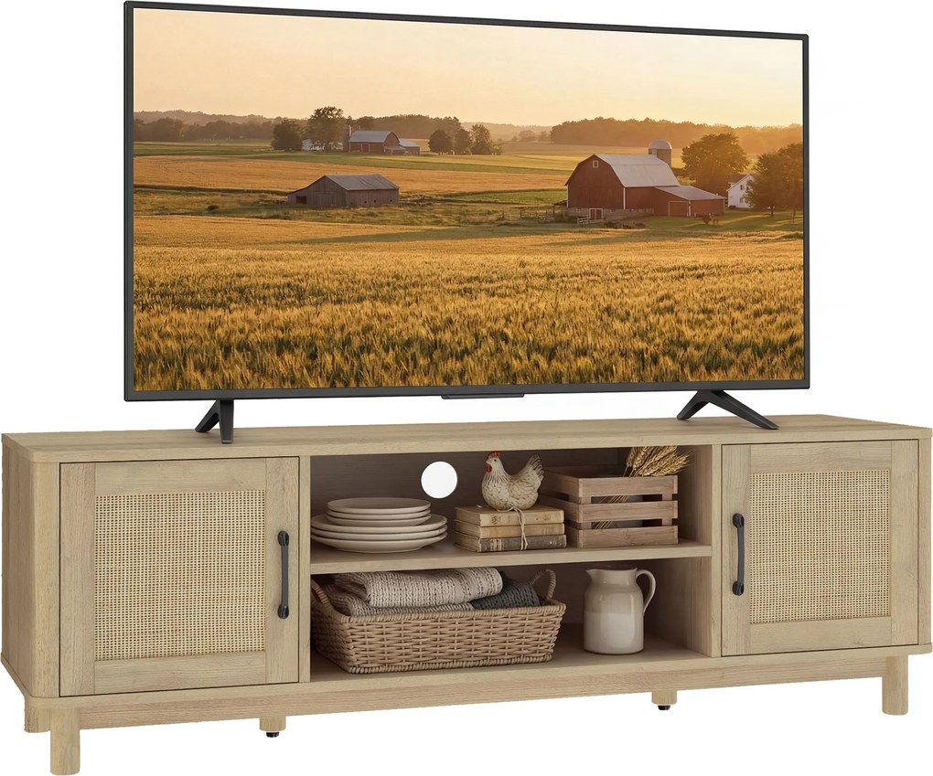 HOMCOM Comodă TV 135 cm, mobilier TV pentru televizor până la 165,1 cm cu 2 uși din ratan, 2 compartimente deschise, stejar | Aosom Romania