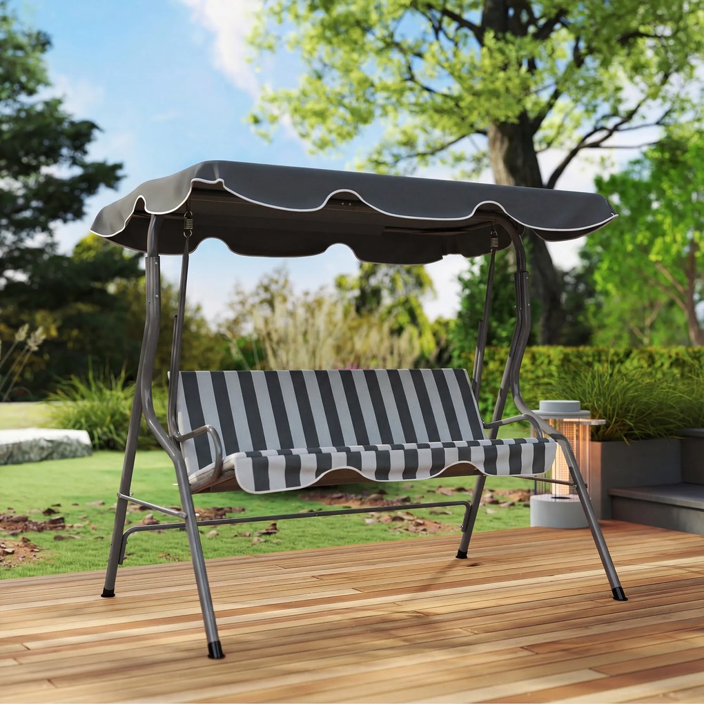 Outsunny Balansoar de grădină 3 locuri Copertină impermeabilă Înclinare reglabilă Perne Șezut Spătar gri, alb cu dungi | Aosom Romania