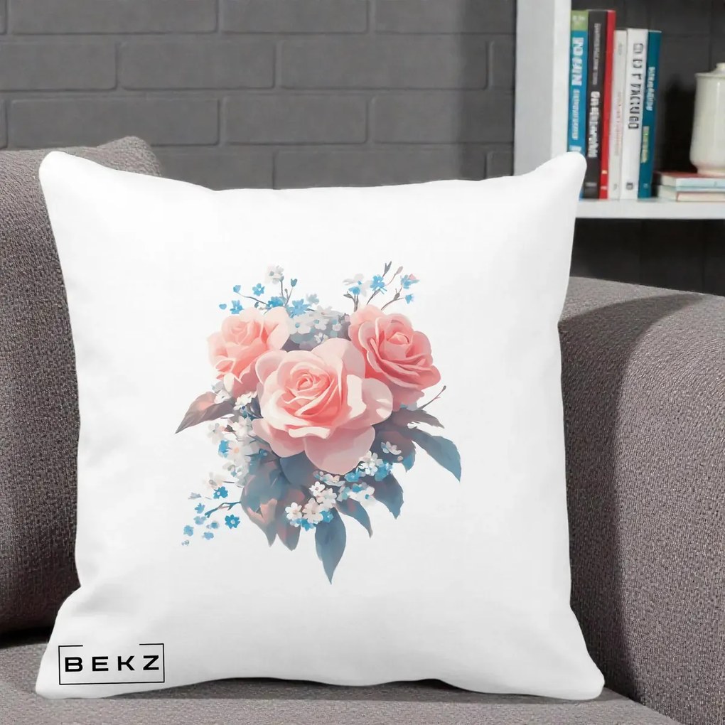 Perna Decorativa Trandafiri Roz cu Floricele Albastre, 40x40 cm, Alba Mata, Husa Detasabila, Perna Inclusa, BEKZ®
