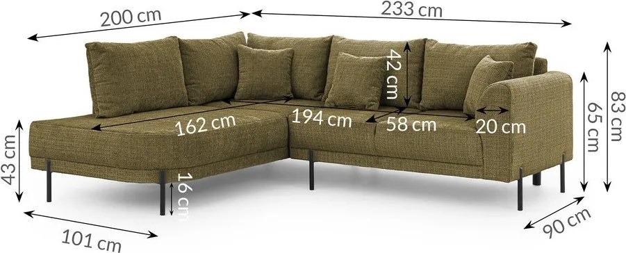 Colțar verde cu tapițerie din chenille (cu colț pe partea stângă/în formă de ”L”) Mauris – Ropez