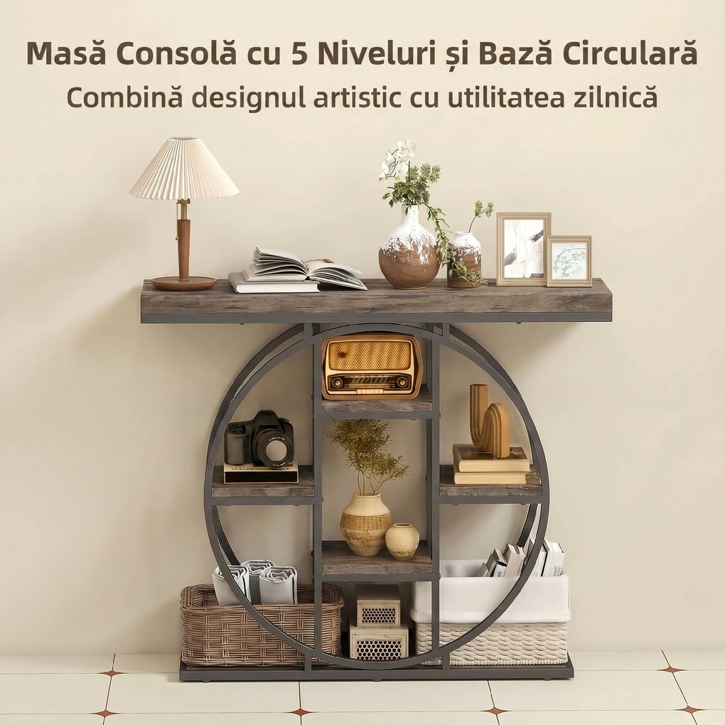 HOMCOM Masă consolă industrială cu rafturi și cadru circular din oțel, 100 x 30 x 81,5 cm, maro rustic | Aosom Romania