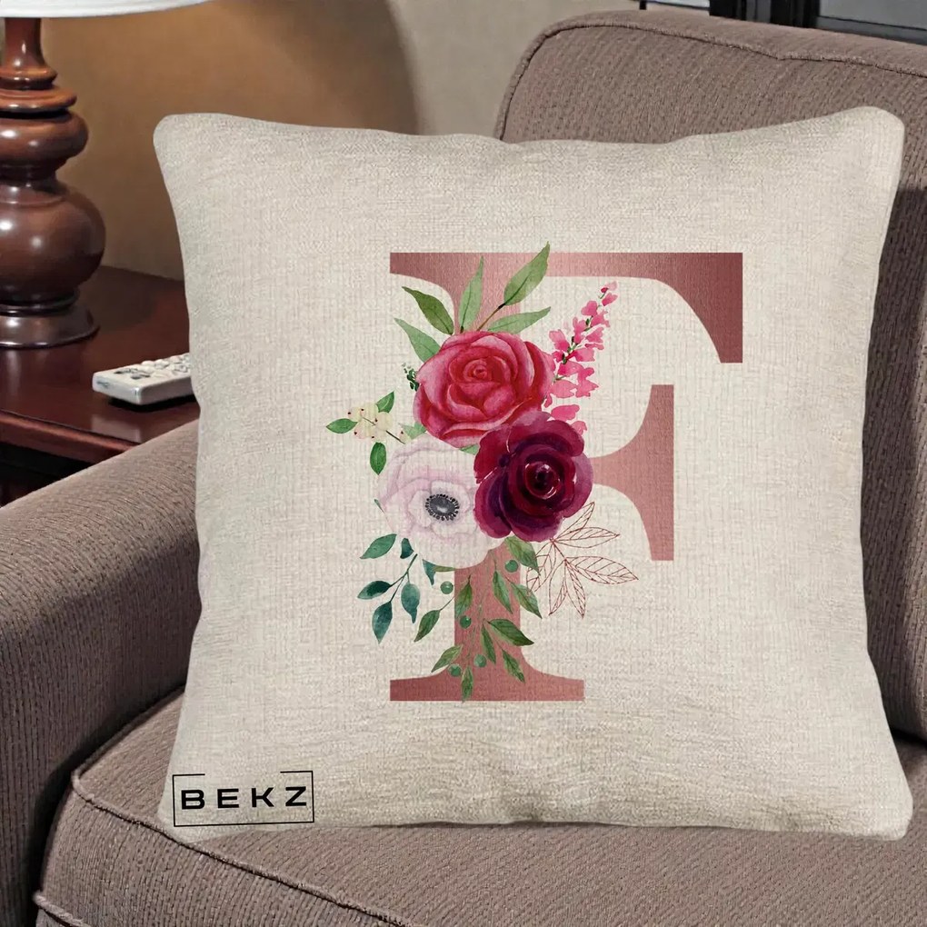 Cadou Personalizat - Perna Personalizata Monograma Rose Gold Litera F, 40x40 cm, Bej Canapea, Husa Detasabila, Perna Inclusa, BEKZ®
