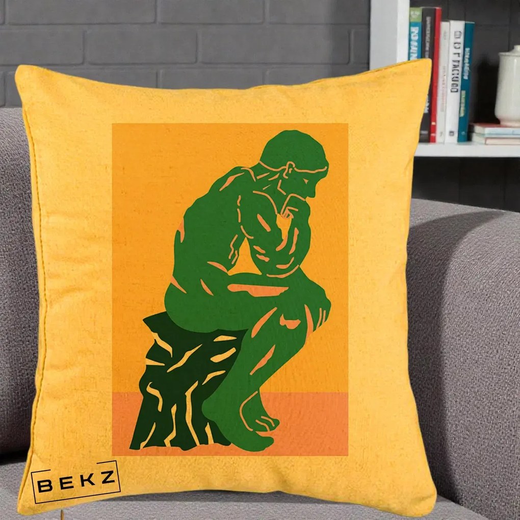 Perna Decorativa Ganditorul Sculptura Pop Art, 40x40 cm, Galben, Husa Detasabila, Perna Inclusa, BEKZ®
