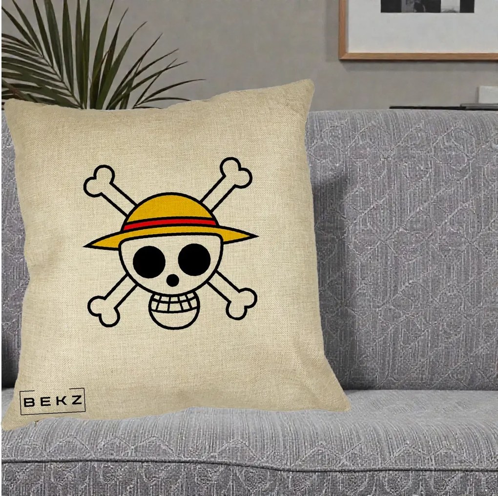 Perna Personalizata One Piece Jolly Roger Straw Hat Pirates, 40x40 cm, Crem, Husa Detasabila, Perna Inclusa, BEKZ®