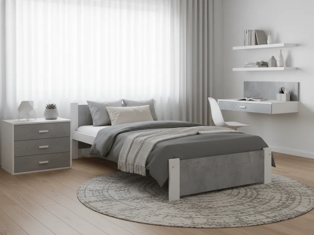 Pat de o persoana IKAROS 90 x 200 cm, beton/alb Saltele: Cu saltele Deluxe 10 cm, Somiera pat: Fara somiera