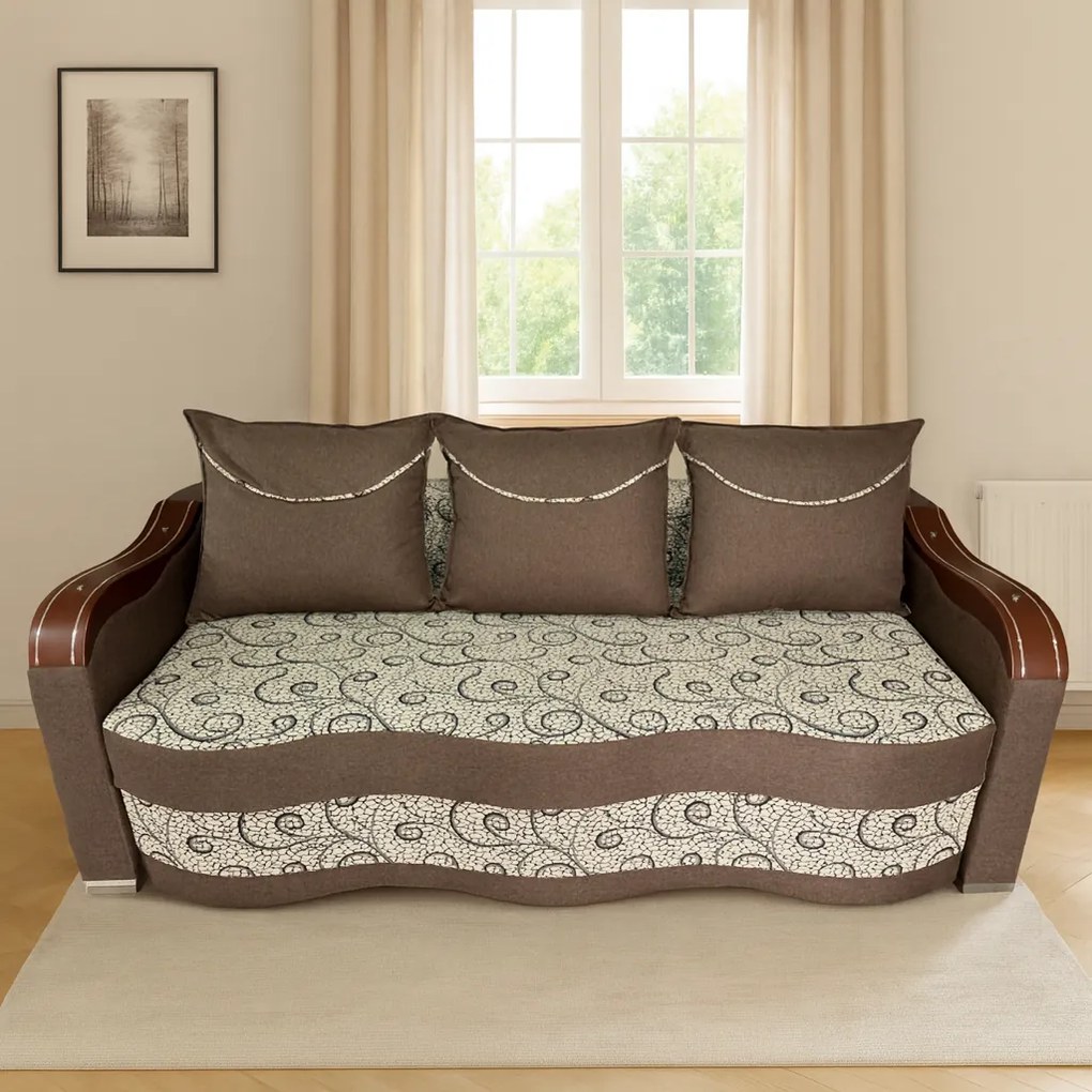 Canapea DIANA extensibila, 3 locuri, cu lada de depozitare, stofa gri cu negru , 220x100x80 Maro + Crem