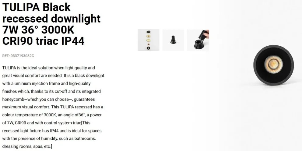 Spot LED incastrabil TULIPA Black recessed downlight 7W 36° 3000K CRI90 triac IP44