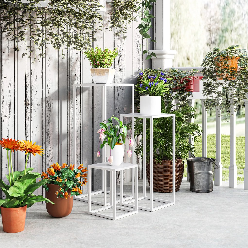 Outsunny Lot de 3 suporturi pentru plante pătrate din metal, empilabile interior și exterior, pentru grădină, balcon, casă, alb | Aosom Romania