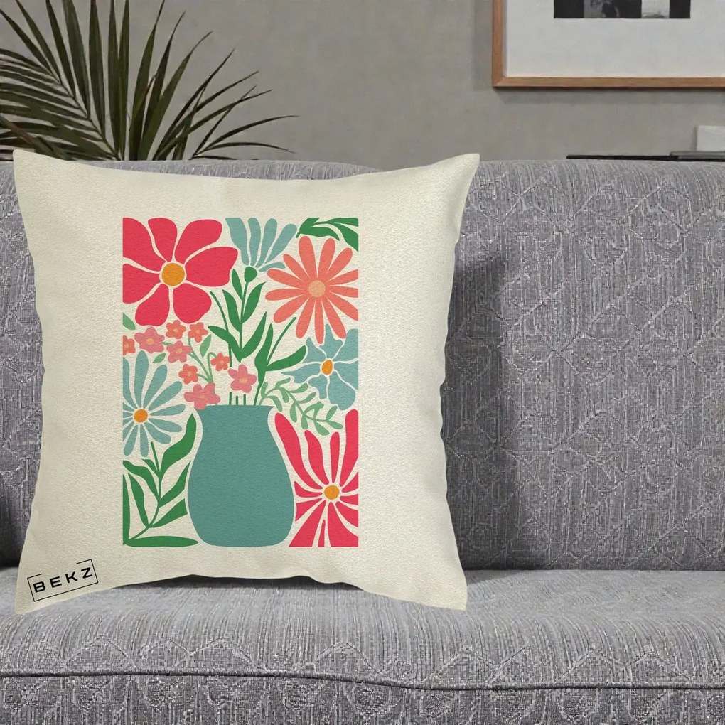 Perna Decorativa Flori in Vaza Turcoaz, 40x40 cm, Ecru, Husa Detasabila, Perna Inclusa, BEKZ®