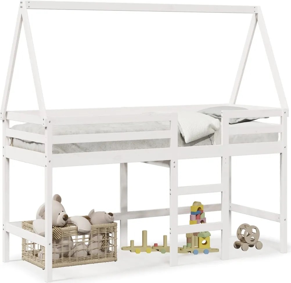 vidaXL Pat etajat cu scară și acoperiș, alb, 90x190 cm, lemn masiv pin