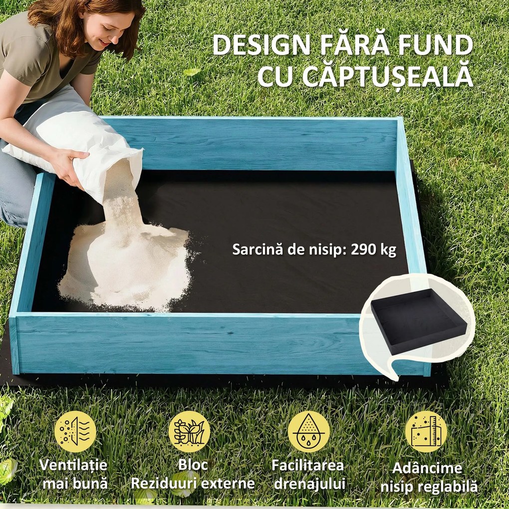 AIYAPLAY Lădiță cu Nisip pentru Copii 3-6 Ani cu Acoperiș Dinosauri, Bănci Pliabile, Capac și Husă Incluse, Lădiță de Nisip din Lemn de Brad, 134,5x127,5x130 cm, Albastru | Aosom Romania