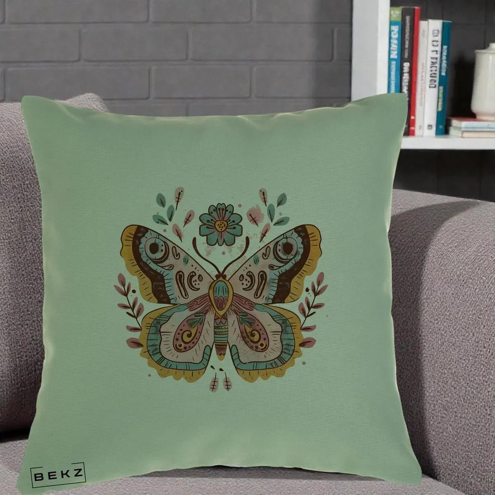 Perna Decorativa Fluture Boho Floral, 40x40 cm, Verde, Husa Detasabila, Perna Inclusa, BEKZ®
