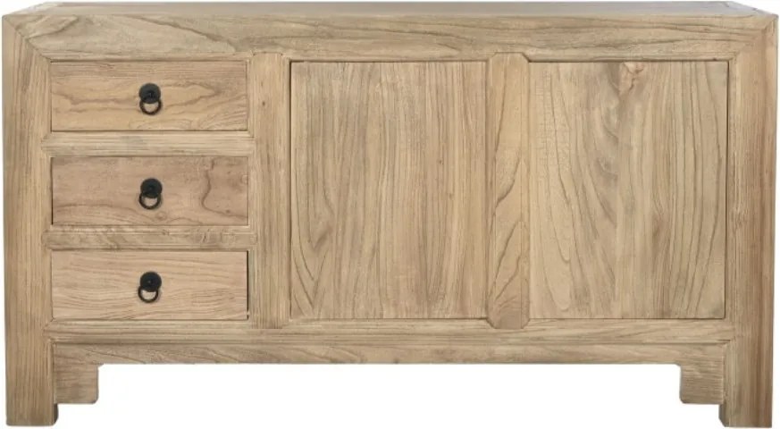 Bufet din lemn masiv de ulm, natur, cu 2 uși cu panouri, 3 sertare și mânere cu inel, aspect rustic, finisaj natural, 81 x 145 x 40 cm, „Étable”